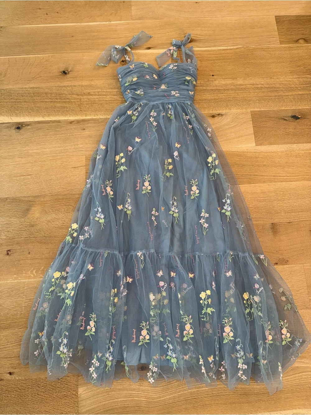 Grace Row Dusty Blue Floral Embroidered Tulle maxi Dress Tie Straps size XS/S